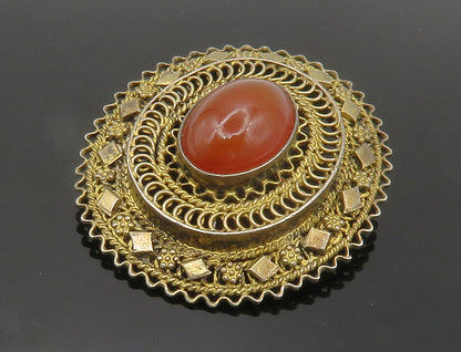 ISRAEL 925 Sterling Silver  Vintage Cabochon Cut Carnelian Brooch Pin  BP5748