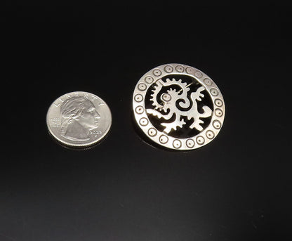 925 Sterling Silver  Vintage Circle Pattern & Dragon Cutout Brooch Pin  BP9898