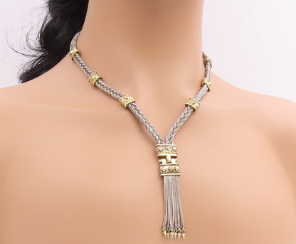 925 Sterling Silver Vintage Necklace ANTIOCH Two Tone Braided Rope Tassel NE4876