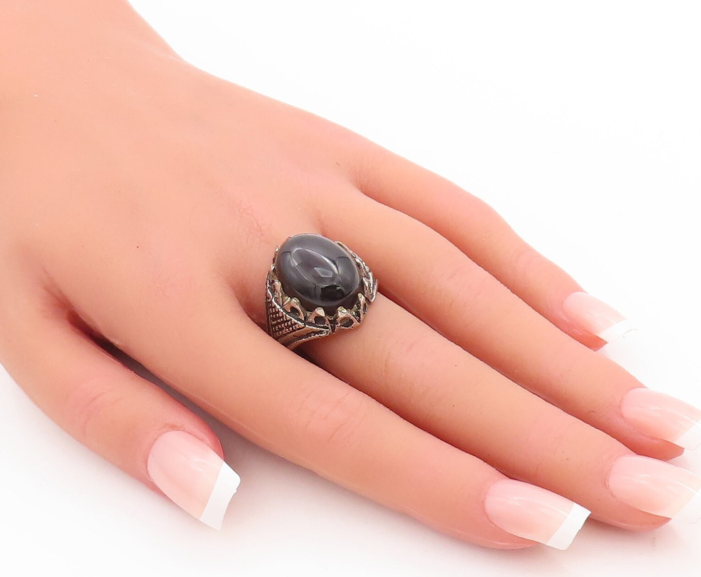 925 Sterling Silver Vintage Ring Large Carved Cabochon Onyx  Sz 11  RG28890