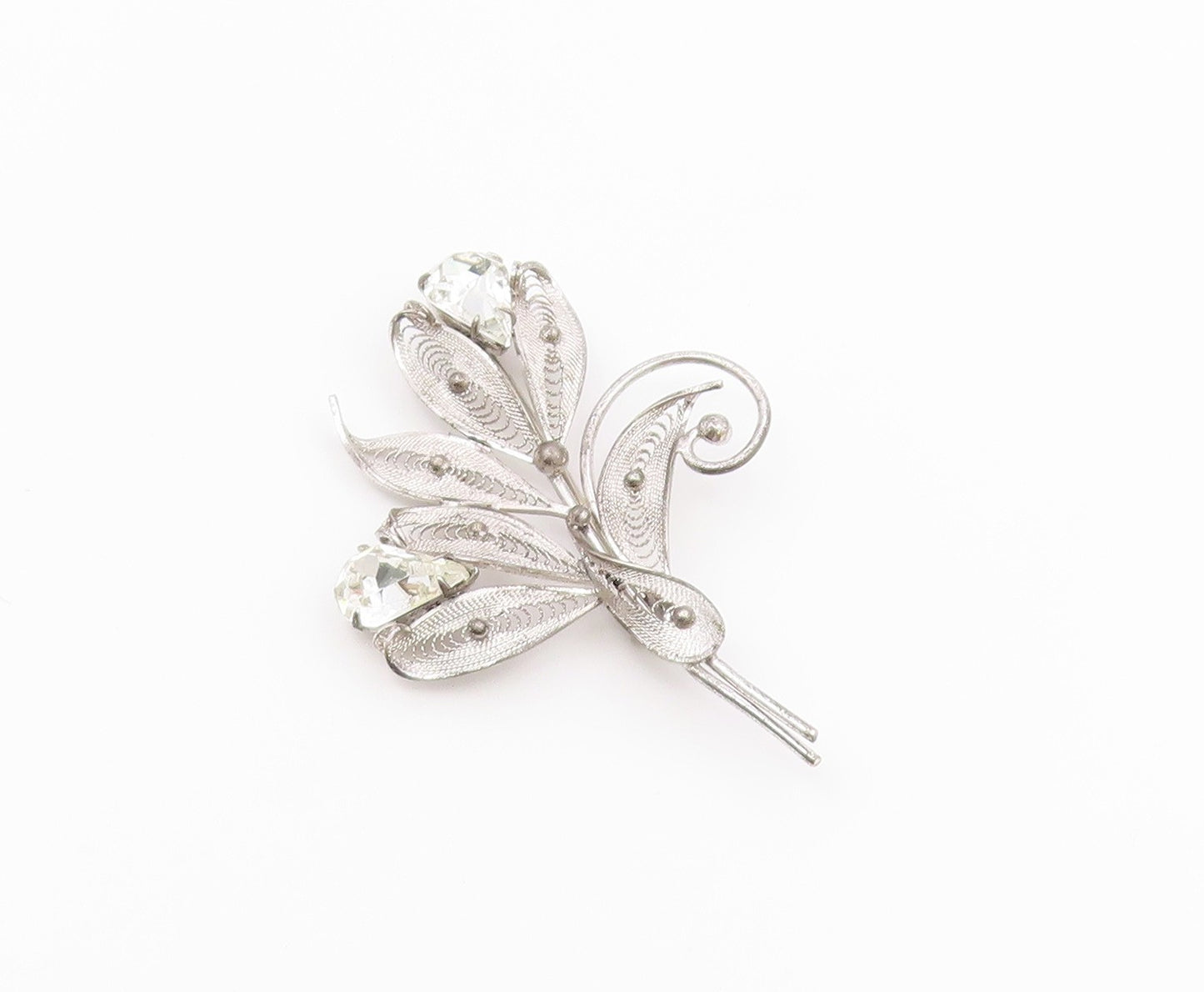 925 Sterling Silver  Vintage Cubic Zirconia Filigree Flower Brooch Pin  BP3004