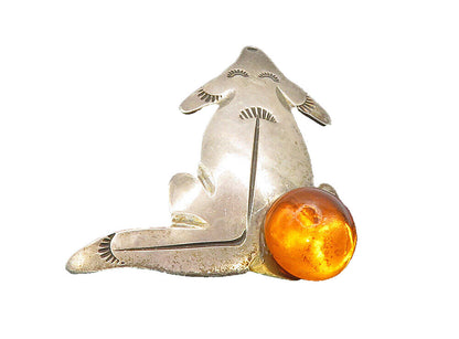 LOU 925 Sterling Silver  Vintage Cabochon Cut Citrine Wolf Lapel Pin  TR1588