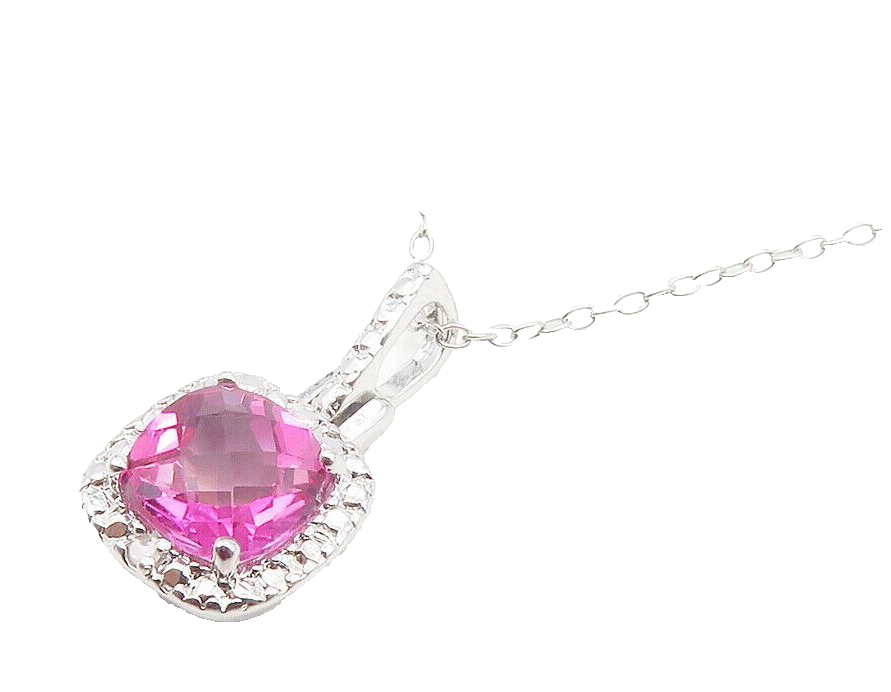 925 Sterling Silver  Genuine Diamond & Pink Topaz Shiny Chain Necklace  NE2066