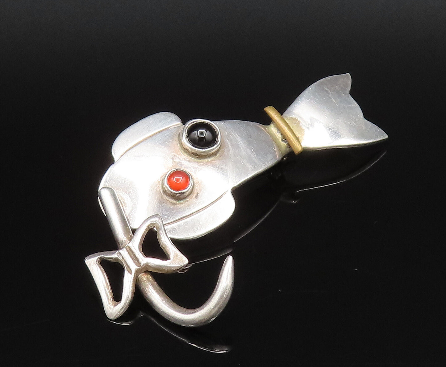 MEXICO 925 Silver  Vintage Onyx & Citrine Cat Brooch Pin (MOVES)  BP10085