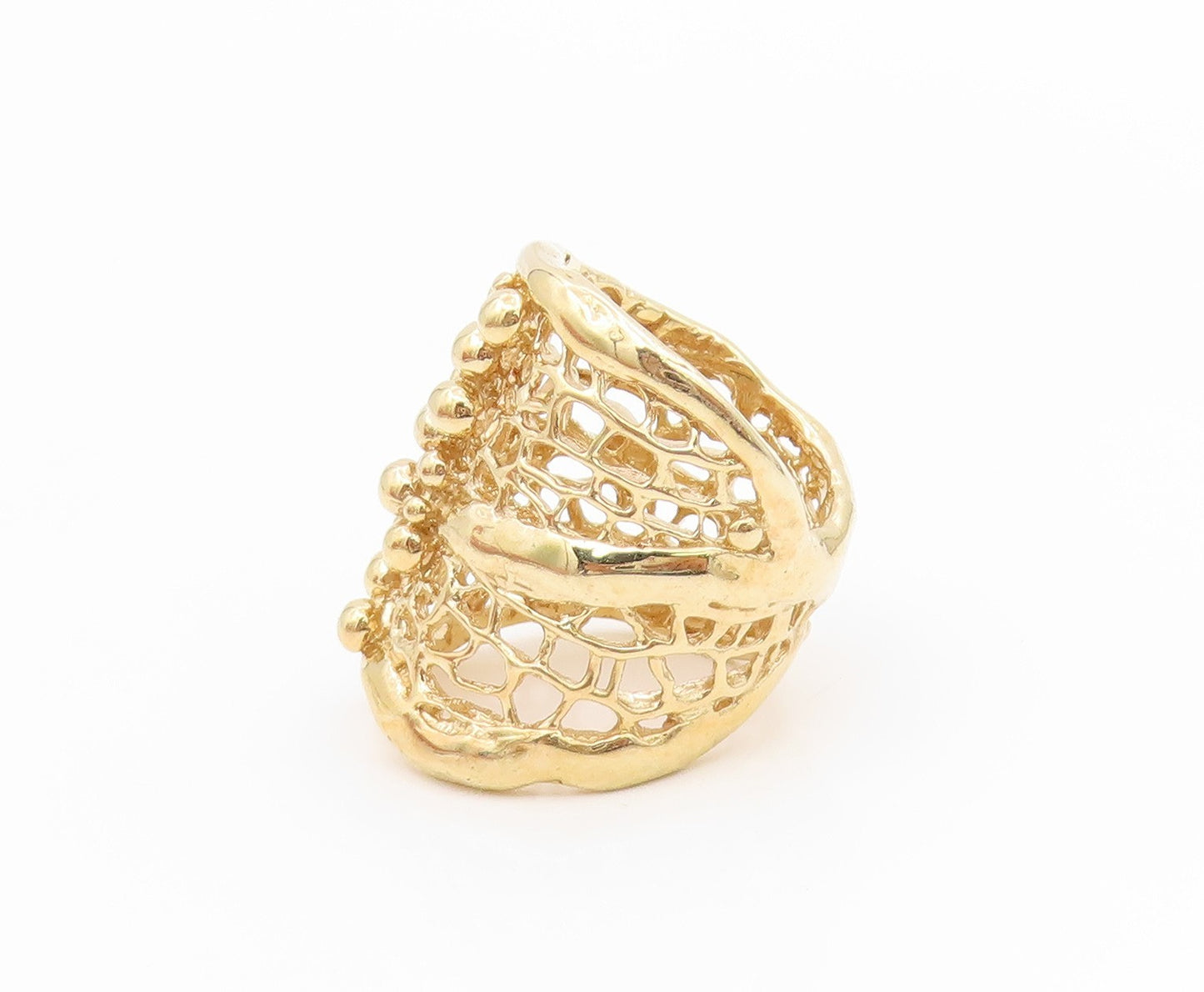 925 Sterling Silver Vintage Ring Gold Plated Beaded Openwork Band  Sz 7  RG34555