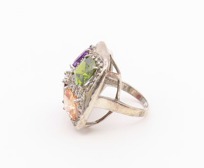 925 Sterling Silver Vintage Ring Multi Gemstone Statement Band  Sz 9  RG36455