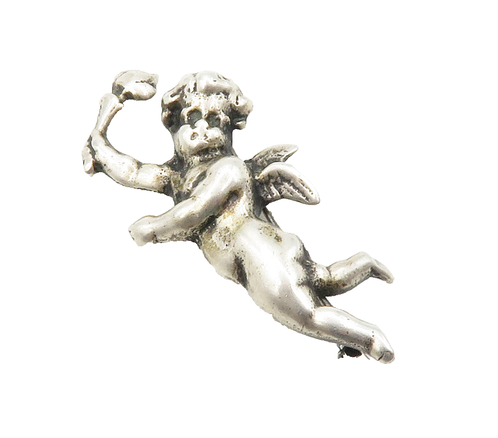 925 Sterling Silver  Vintage Sculpted Baby Angel With Torch Brooch Pin  BP5907