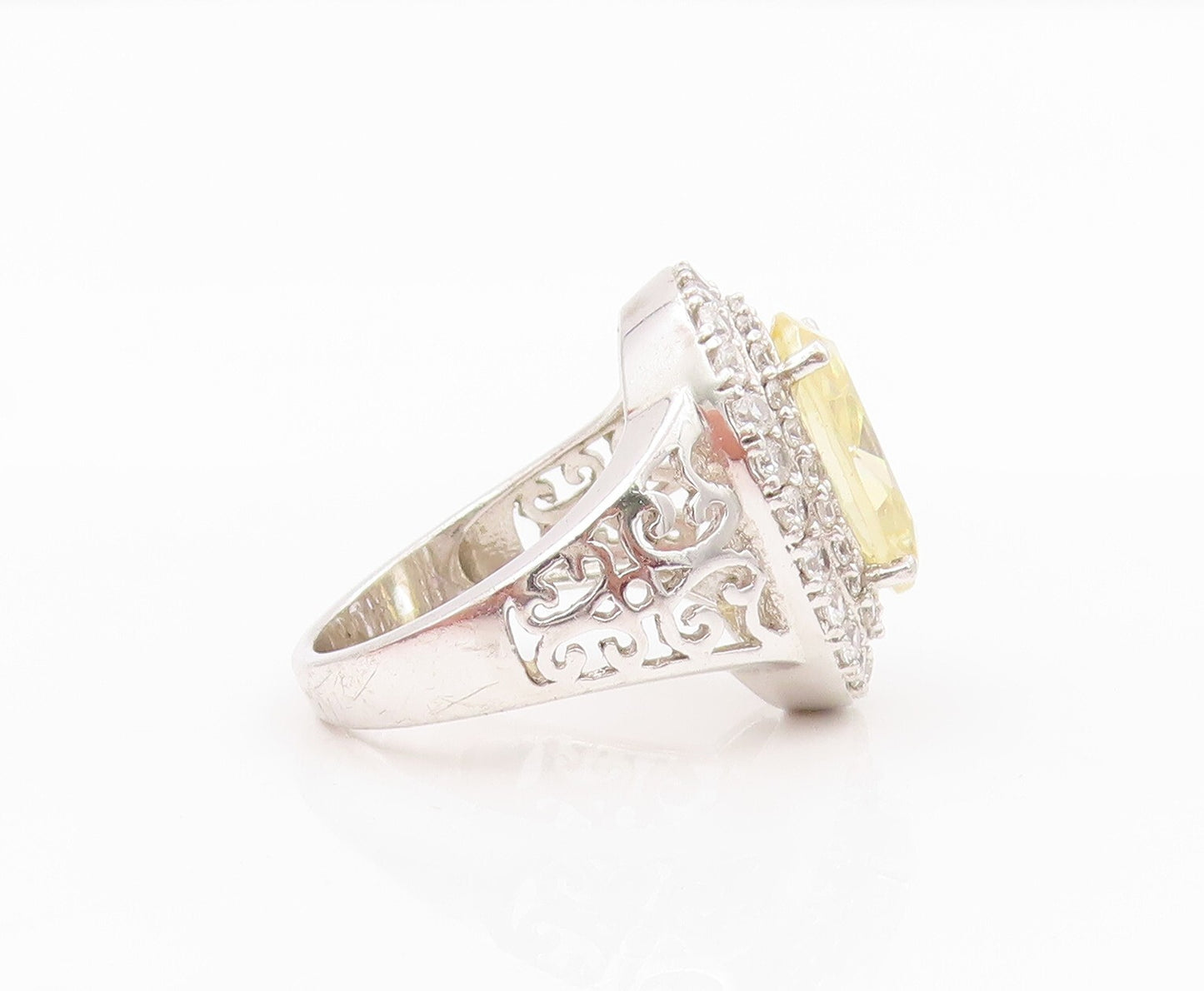 925 Sterling Silver Vintage Ring Oval Cut Citrine Halo CZ Bands  Sz 7.5  RG31771