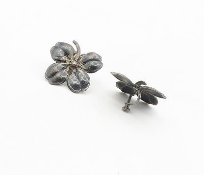 925 Sterling Silver  Vintage Oxidized Flower Motif Non Pierce Earrings  EG4548