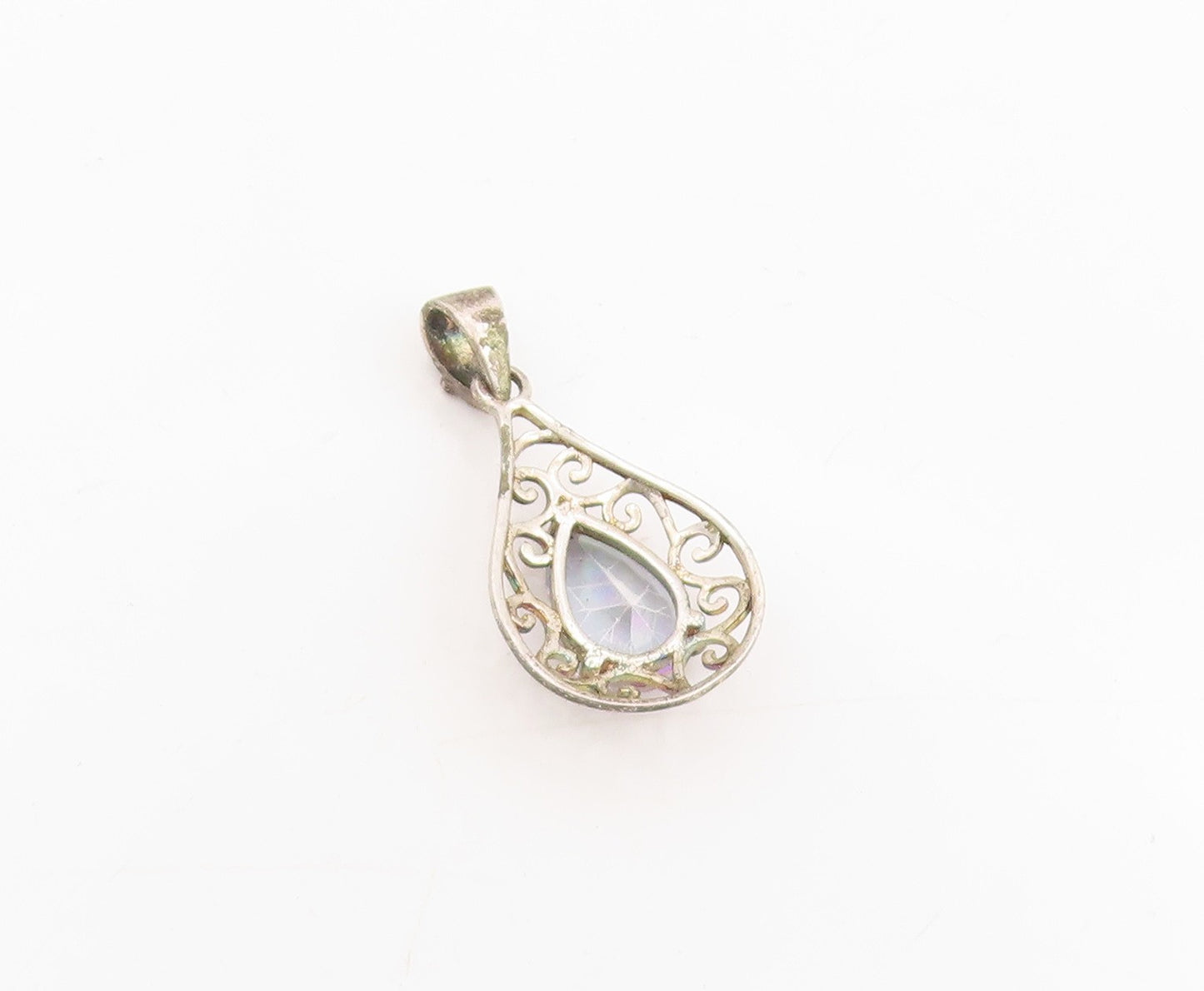 925 Sterling Silver Vintage Pendant Mystic Topaz Swirly Teardrop Charm  PT25315