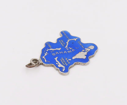 925 Sterling Silver  Vintage Blue Souvenir Bahama Cutout Map Pendant  PT22034