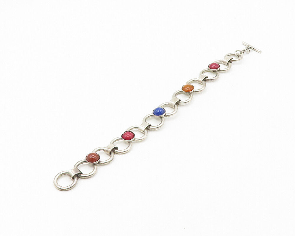 MEXICO 925 Sterling Silver Vintage Carnelian & Multi Stone Chain Bracelet BT7201