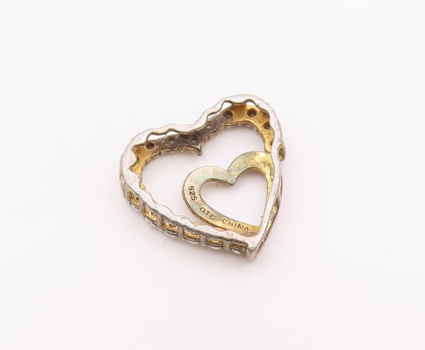925 Sterling Silver  Vintage Genuine Diamonds Open Love Hearts Pendant PT14294