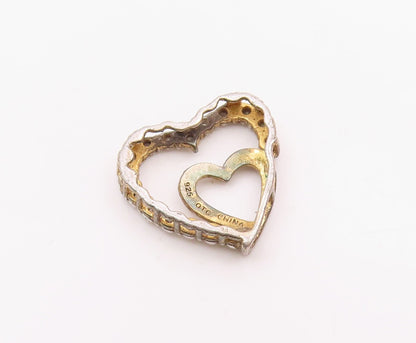 925 Sterling Silver  Vintage Genuine Diamonds Open Love Hearts Pendant PT14294