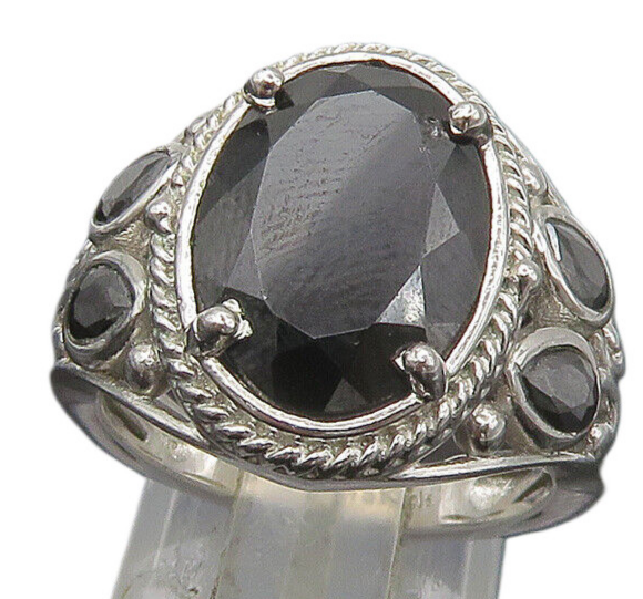 KARIS 925 Sterling Silver  Vintage Faceted Black Spinel Band Ring Sz 7 RG22304