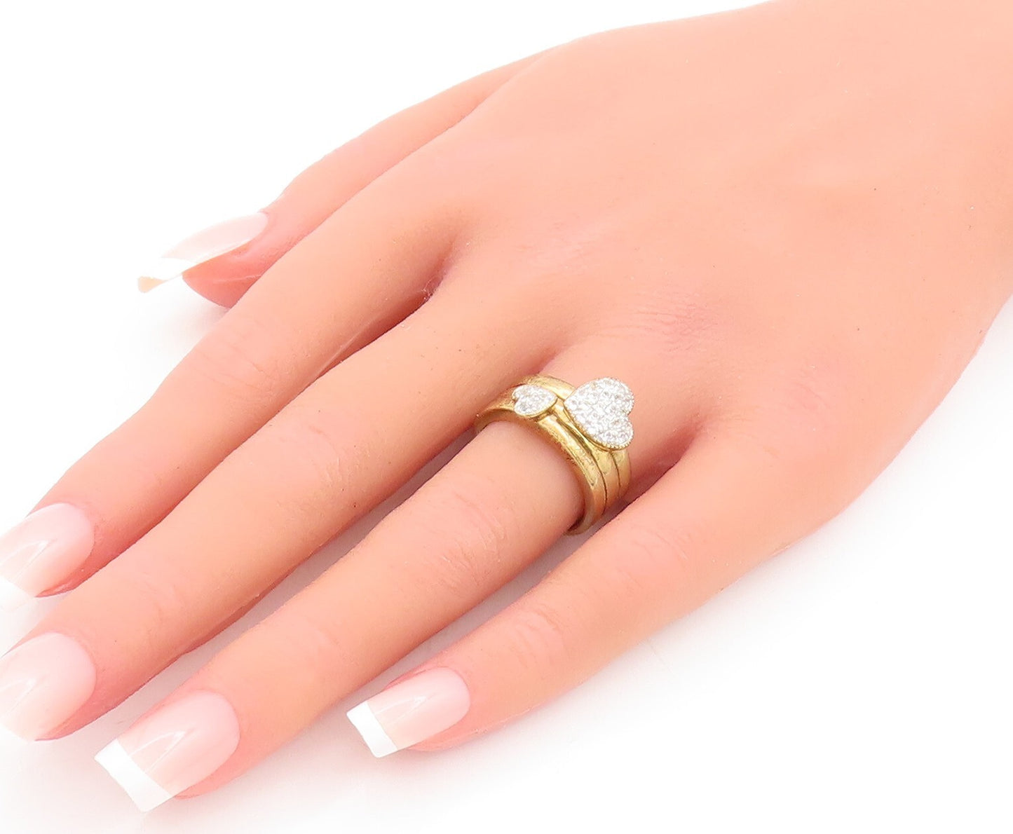 925 Sterling Silver Vintage Ring Gold Plated CZ Beaded Hearts  Sz 7  RG29225