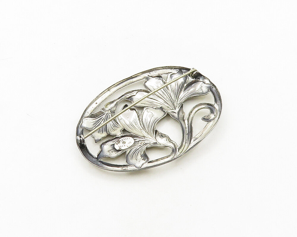DANECRAFT 925 Sterling Silver  Vintage Shiny Flowers Oval Brooch Pin  BP7579