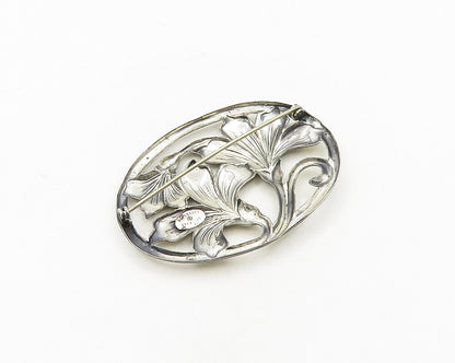 DANECRAFT 925 Sterling Silver  Vintage Shiny Flowers Oval Brooch Pin  BP7579