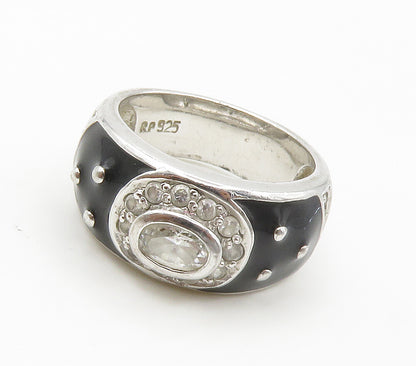 925 Sterling Silver  Topaz & Black Enamel Shiny Band Ring Sz 8  RG15215