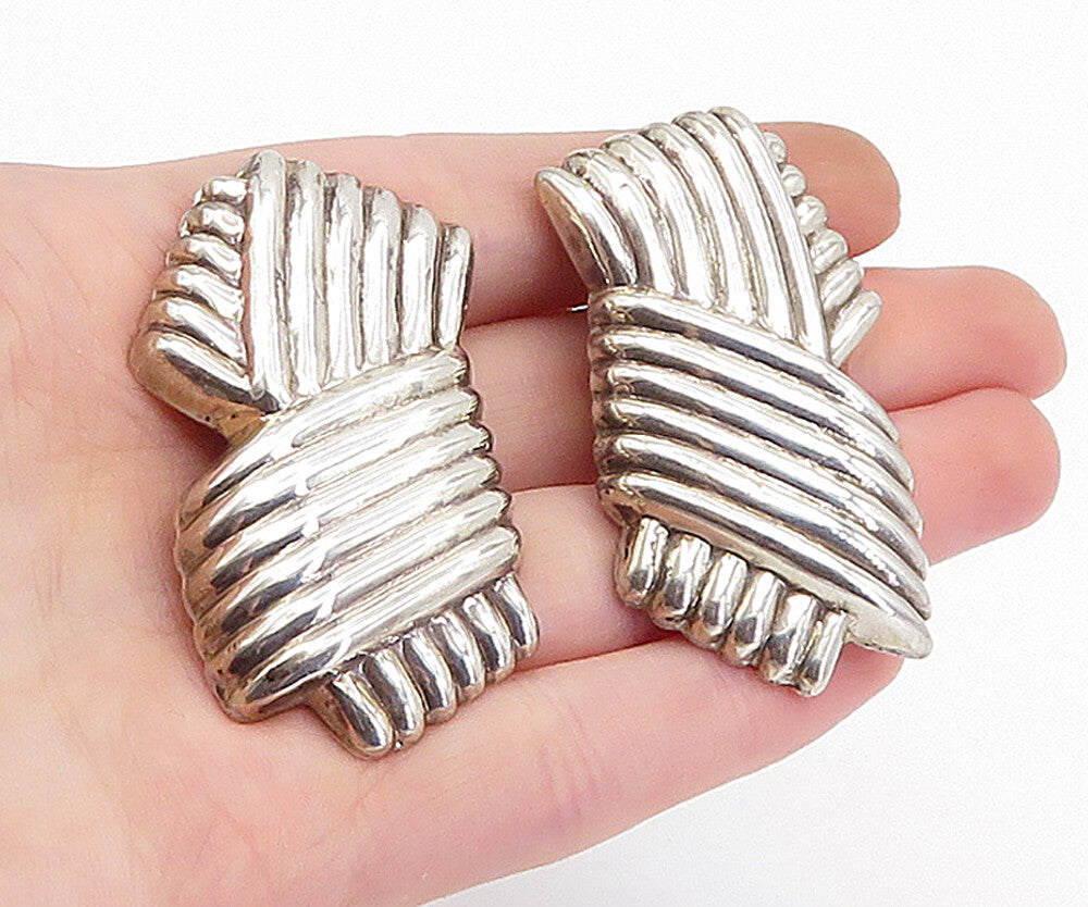 925 Sterling Silver  Vintage Shiny Fluted Design Non Pierce Earrings  EG2216