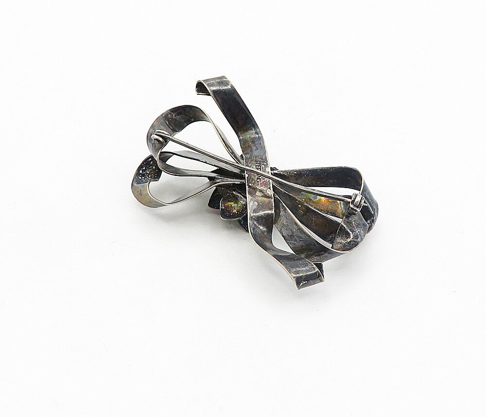 925 Sterling Silver  Vintage Oxidized Bow Tied Floral Ribbon Brooch Pin BP3082