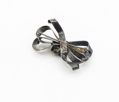 925 Sterling Silver  Vintage Oxidized Bow Tied Floral Ribbon Brooch Pin BP3082