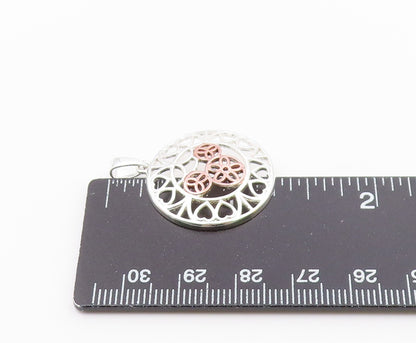 925 Silver   Vintage Two Tone Flower Peace & Love Heart Dome Pendant PT20601