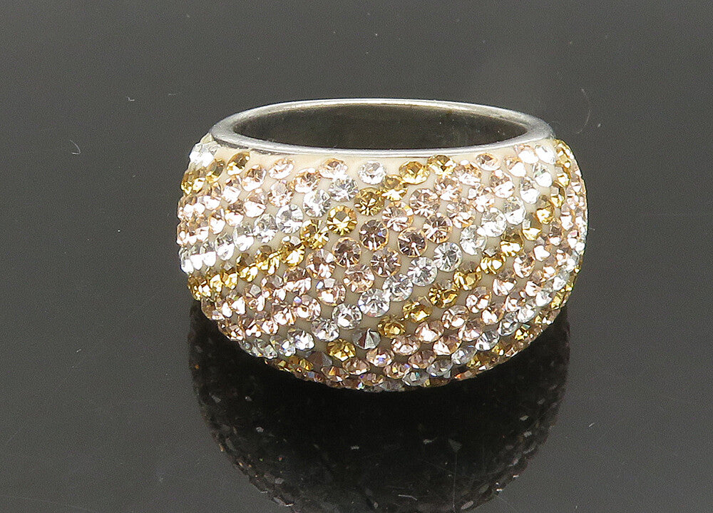 JACMEL 925 Silver  Vintage Shiny Crystal Striped Dome Band Ring Sz 8  RG21954