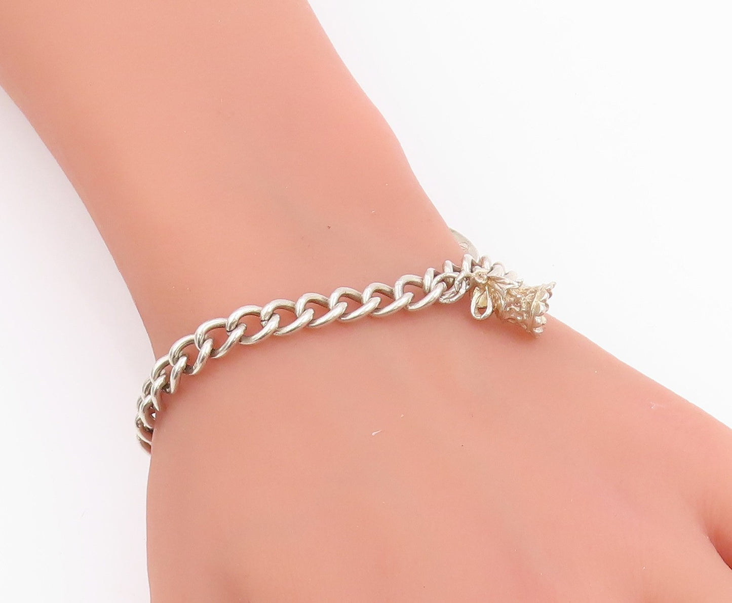 925 Sterling Silver Vintage Bracelet ENGLAND Heart Padlock & Bell Charm  BT11444