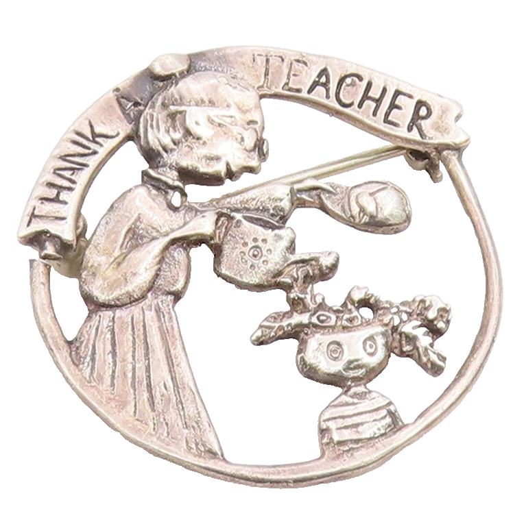 MEINK 925 Sterling Silver  Vintage Dark Tone Thank A Teacher Brooch Pin BP3311