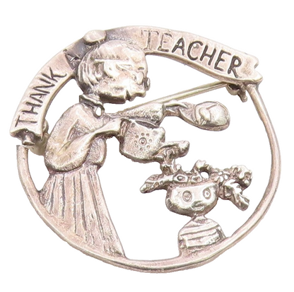 MEINK 925 Sterling Silver  Vintage Dark Tone Thank A Teacher Brooch Pin BP3311