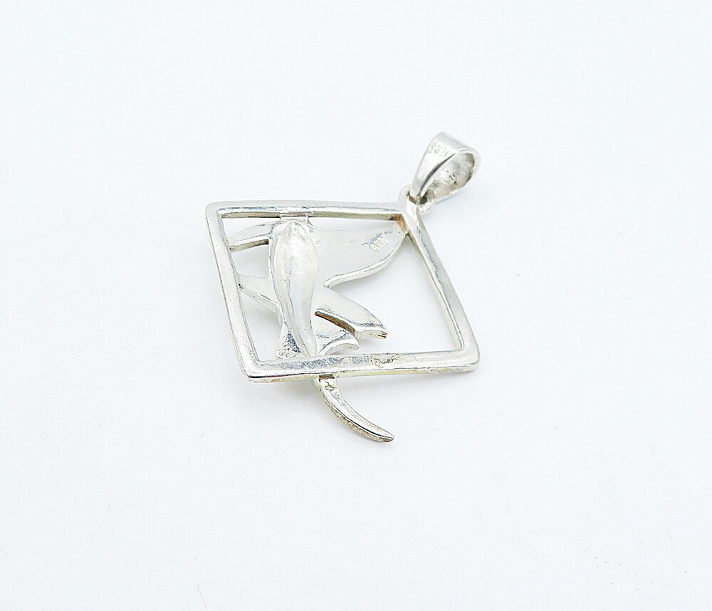 925 Sterling Silver  Vintage Shiny Fish Motif Open Square Drop Pendant  PT4911