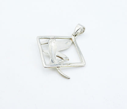 925 Sterling Silver  Vintage Shiny Fish Motif Open Square Drop Pendant  PT4911