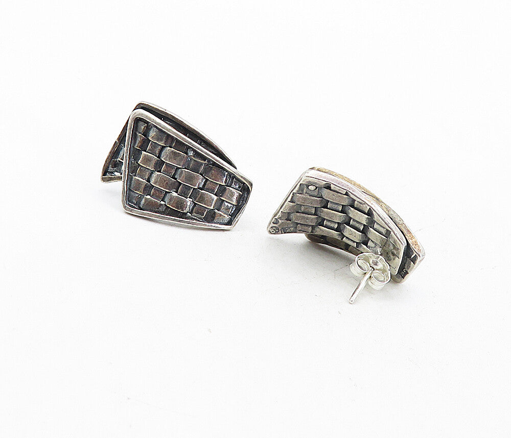 925 Sterling Silver  Vintage Modernist Basket Weave Drop Earrings  EG4047