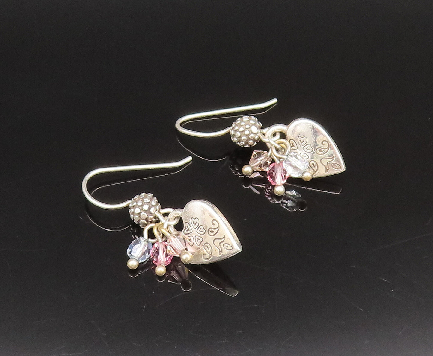 925 Silver  Vintage Engraved Love Heart & Quartz Dangle Earrings  EG12283