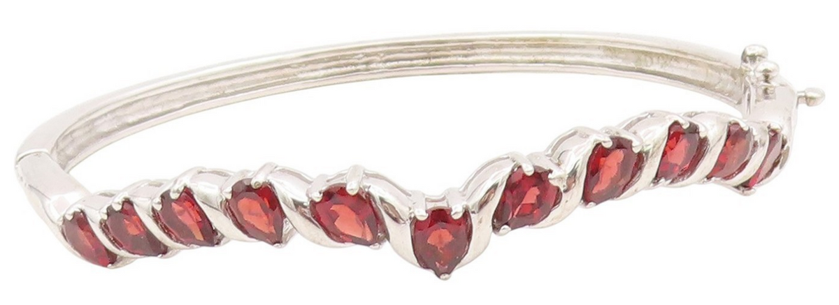 925 Sterling Silver Vintage Bracelet Red Garnet Twisting Ribbon Bangle  BT11605
