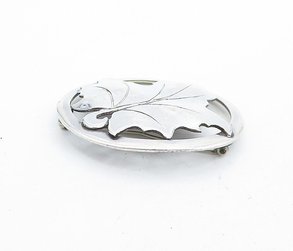 925 Sterling Silver  Vintage Shiny Single Autumn Leaf Round Brooch Pin  BP1986