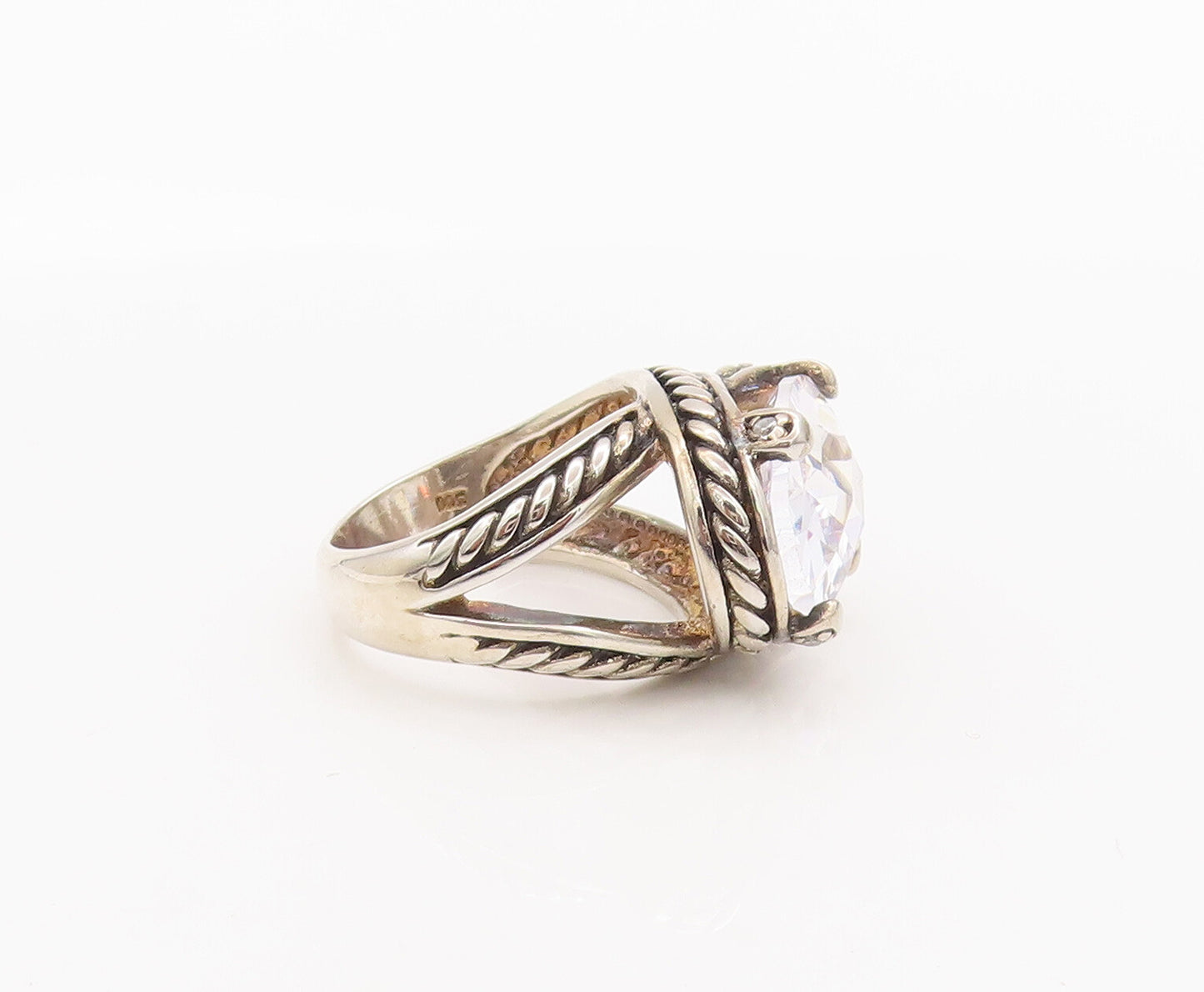 925 Sterling Silver Vintage Ring CZ Twisted Rope Carved Split Neck Sz 6  RG27747