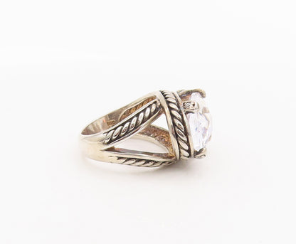 925 Sterling Silver Vintage Ring CZ Twisted Rope Carved Split Neck Sz 6  RG27747