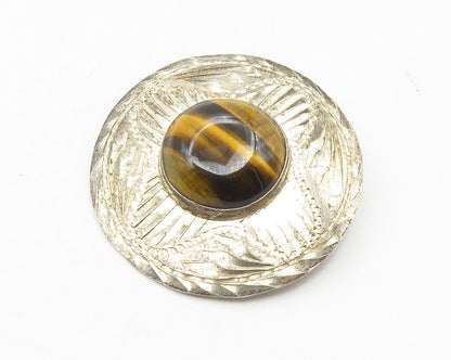 MEXICO 925 Sterling Silver  Vintage Tiger's Eye Shiny Etched Brooch Pin BP4338