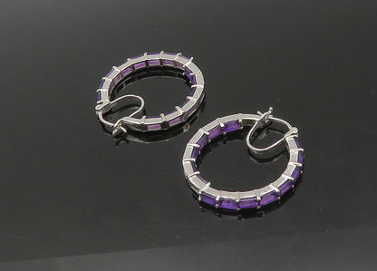925 Sterling Silver  Vintage Prong Set Amethyst Shiny Hoop Earrings  EG10928