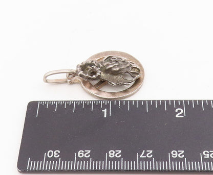 925 Sterling Silver Vintage Pendant Carved Ram Head Aries Zodiac Medal  PT25703