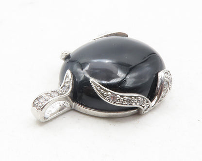 925 Sterling Silver  Cabochon Cut Black Onyx & Topaz Oval Pendant  PT9662