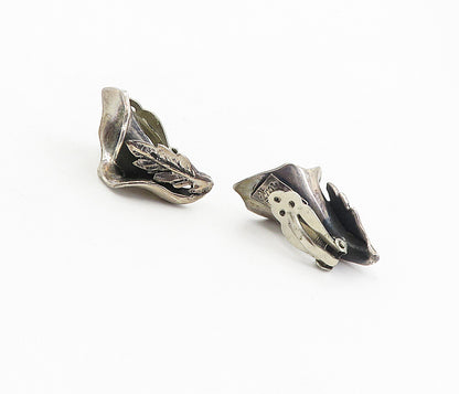 MEXICO 925 Sterling Silver  Vintage Sculpted Flower Non Pierce Earrings EG4578
