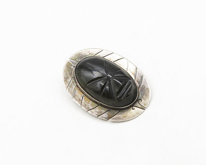 MEXICO 925 Sterling Silver  Vintage Face Carved Black Onyx Brooch Pin  BP7684