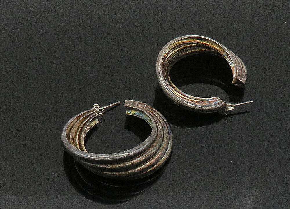 925 Sterling Silver  Vintage Dark Tone Fluted Round Hoop Earrings  EG10377