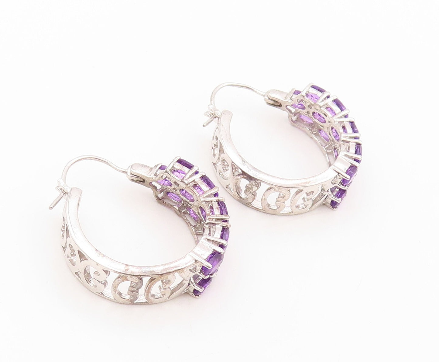 925 Sterling Silver Vintage Earrings Oval Amethyst Inlay Carved Hoops  EG13401