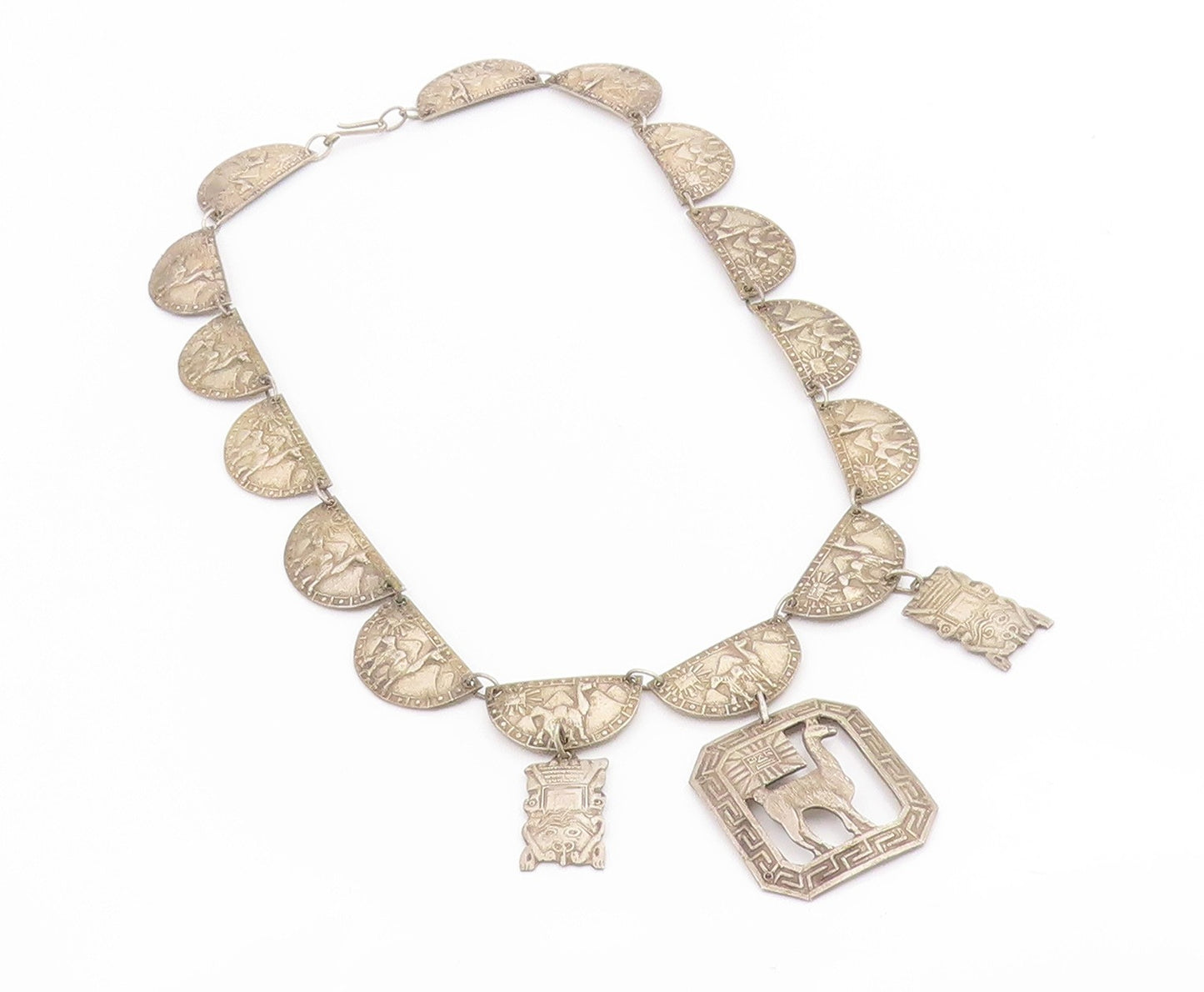 925 Sterling Silver Vintage Necklace PERU Llama & Sun Motif Panel Link  NE4873