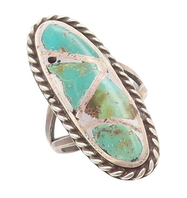 925 Sterling Silver Vintage Ring NAVAJO Oval Inlay Turquoise  Sz 6.5  RG28488
