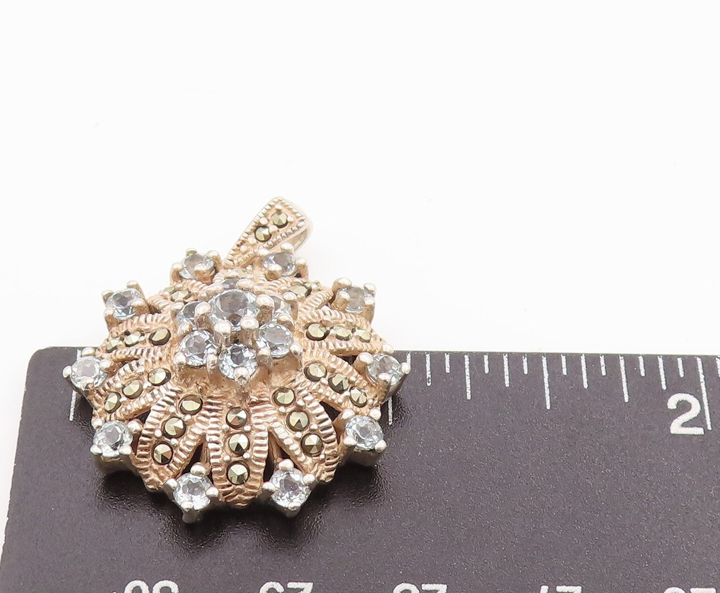 925 Sterling Silver Vintage Pendant Floral Carved Blue CZ Inlay  PT23299